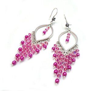 GORGEOUS! FUCHSIA CRYSTAL CHANDELIER Earrings Antique Silver